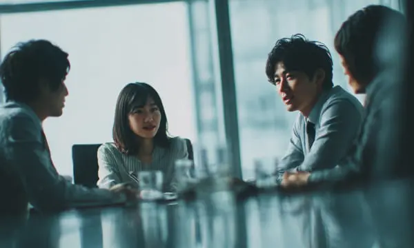 明るいオフィスで話す三人の社員