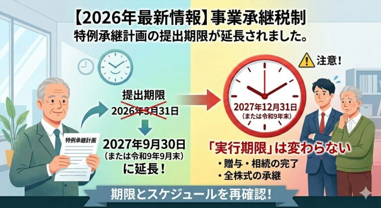 【2026年最新情報】事業承継税制の提出期限が延長されました。ただし「実行期限」は変わらないことに注意が必要ですのサムネイル