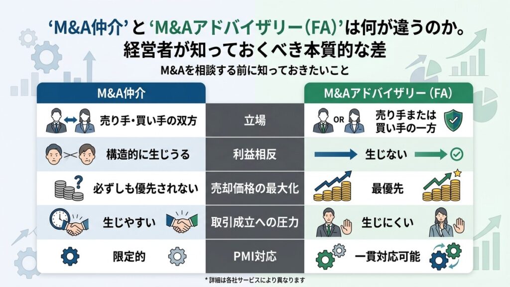 「M&A仲介」と「M&Aアドバイザリー（FA）」は何が違うのか。経営者が知っておくべき本質的な差のサムネイル