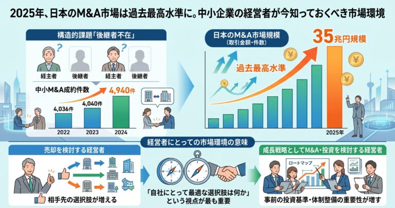 2025年、日本のM&A市場は過去最高水準に。中小企業の経営者が今知っておくべき市場環境のサムネイル